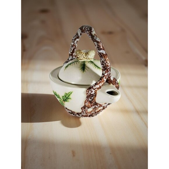 Vintage Ceramic Teapot With Winter Holly Woods Pinecone Design & Textured Brown - Picture 1 of 12